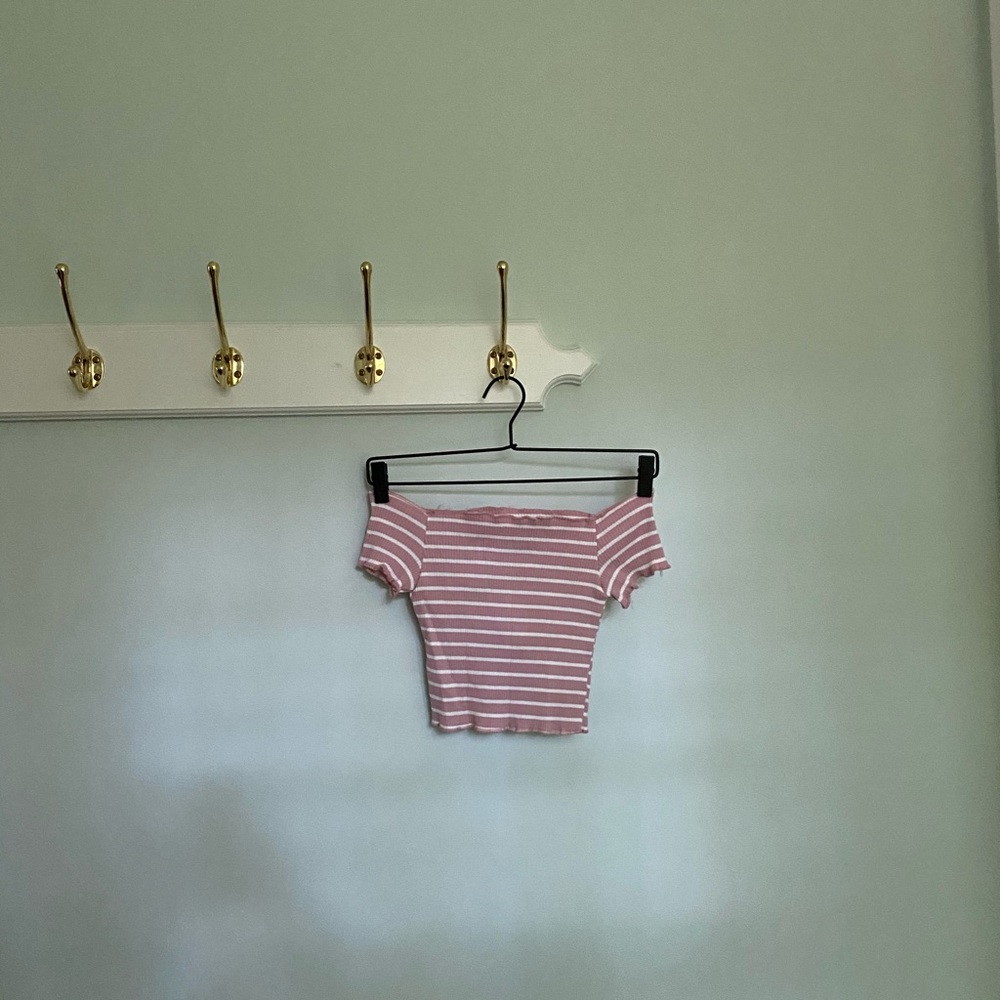 Pink and white striped off-the-shoulder crop top
